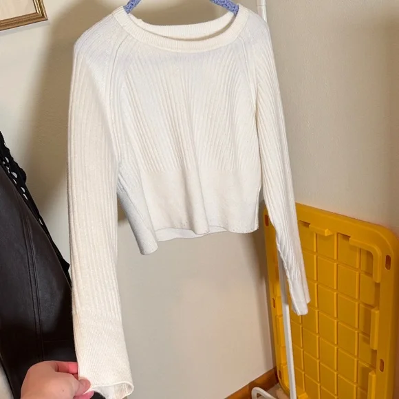 Amazon Cream Ribbed Cropped Crewneck Sweater - Picture 1 of 3